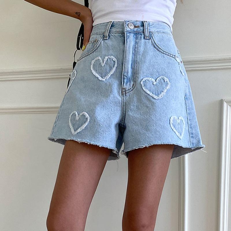 Cute Frayed Heart Pattern Light Color And Water Scrubbing High Waist Denim Shorts