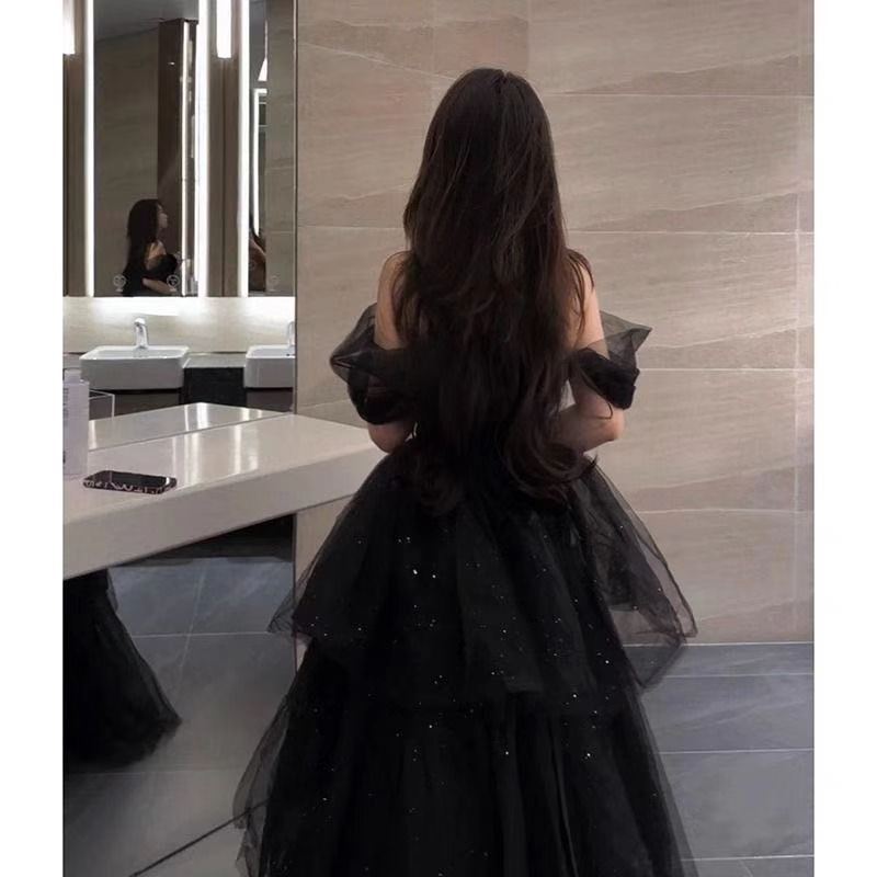 Vestido de noche negro Pettiskirt estilo francés minoritario de lujo ligero