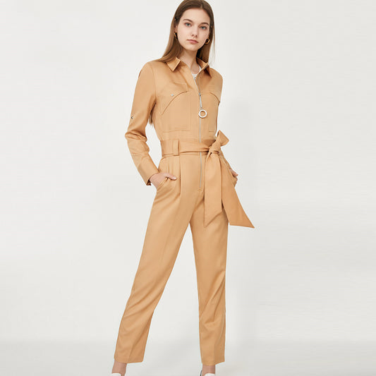 Workwear Style Simple Rivet Slim Solid Color Jumpsuit Women