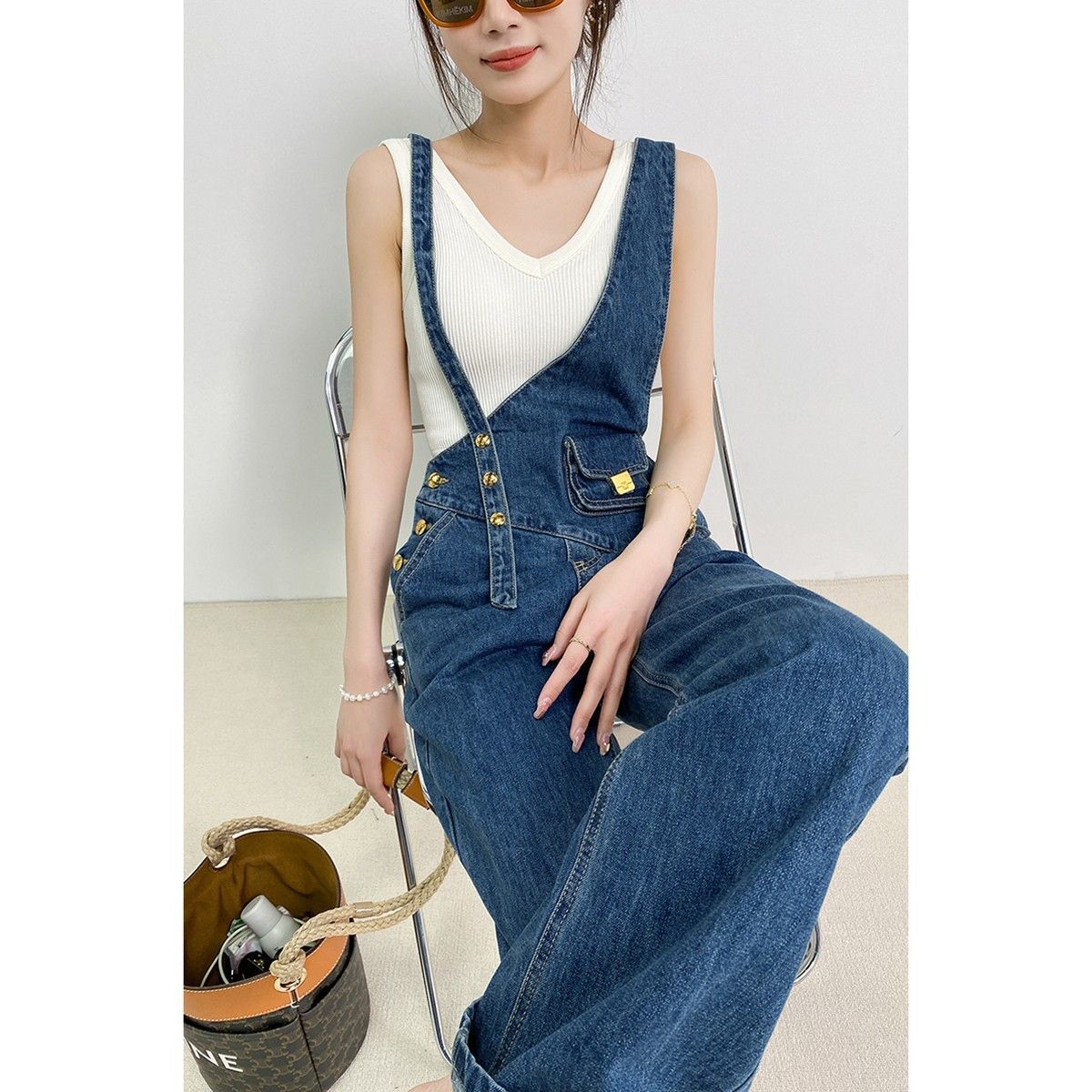 Women's Metal Buckle Versatile Asymmetric Small Waist Bag Denim Suspender Pants