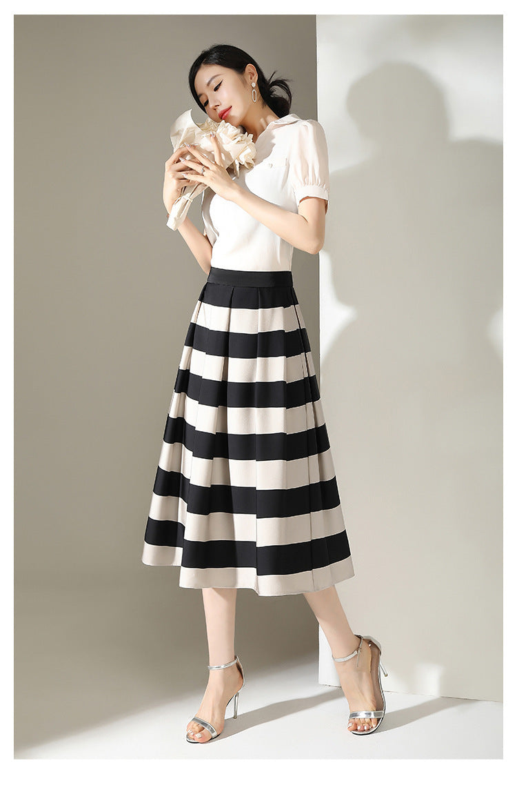 Striped Minimalist Stitching Fashion Pleated A- Line Skirt