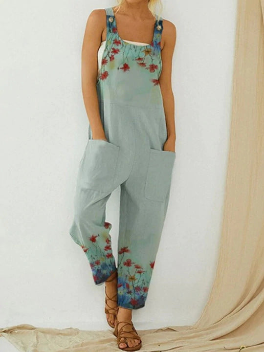 Women's Trousers Fashion Loose Straight Jumpsuit Abstract Birds Flowers Print Bib Jumpsuit