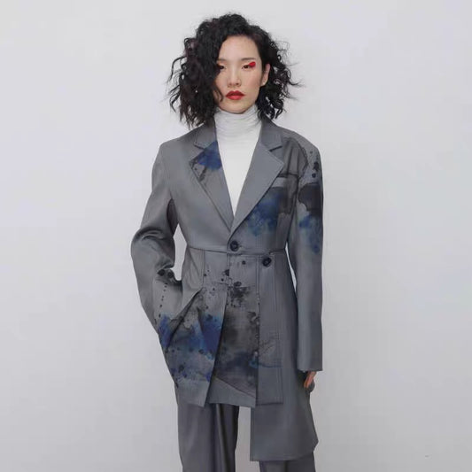 Blazer de conception de jupe plissée imprimée de style chinois pour femmes