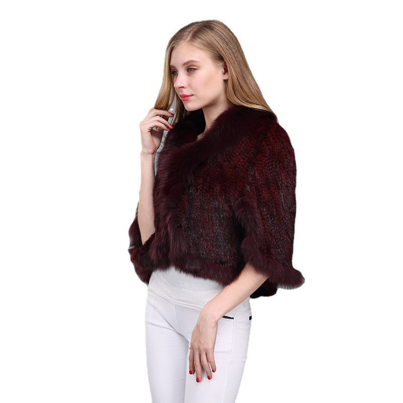 Temperament Warmth Fox Fur Collar Woven Shawl Leather