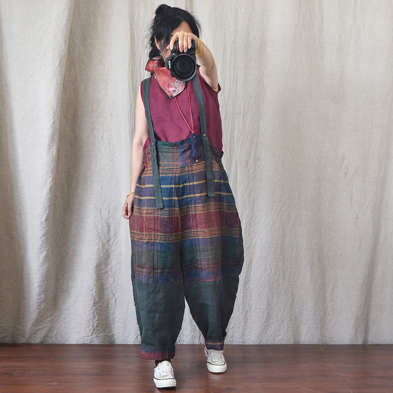 Fashion Patchwork Linen Leisure Suspender Pants