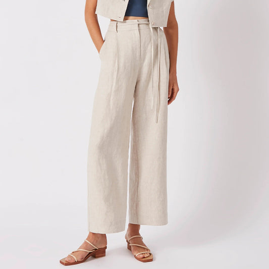 Temperament Commute High Waist Pure Linen Lace-up Cropped Pants