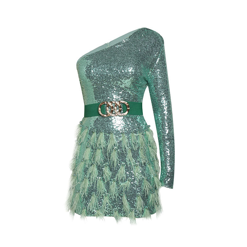 Women's Solid Color Waist Cinched Sequin Feather Decoration Dress