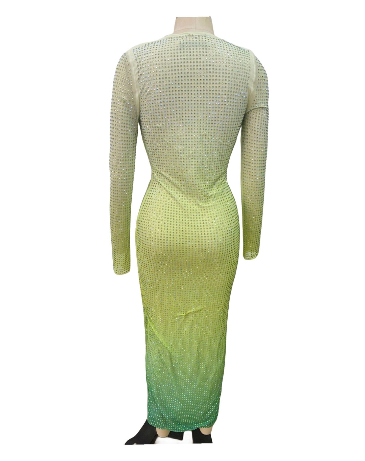 Robe fourreau en V profond avec strass brillants vert dégradé