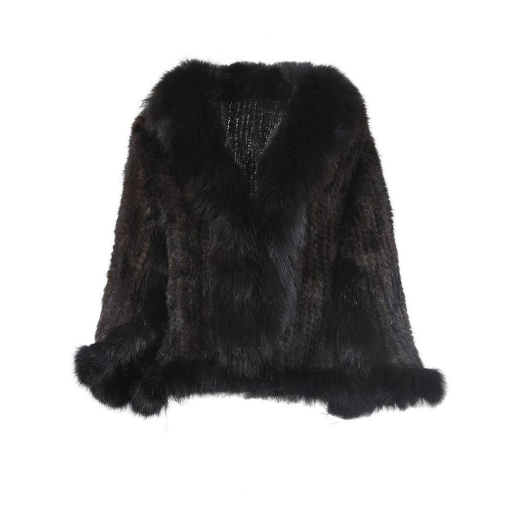 Temperament Warmth Fox Fur Collar Woven Shawl Leather