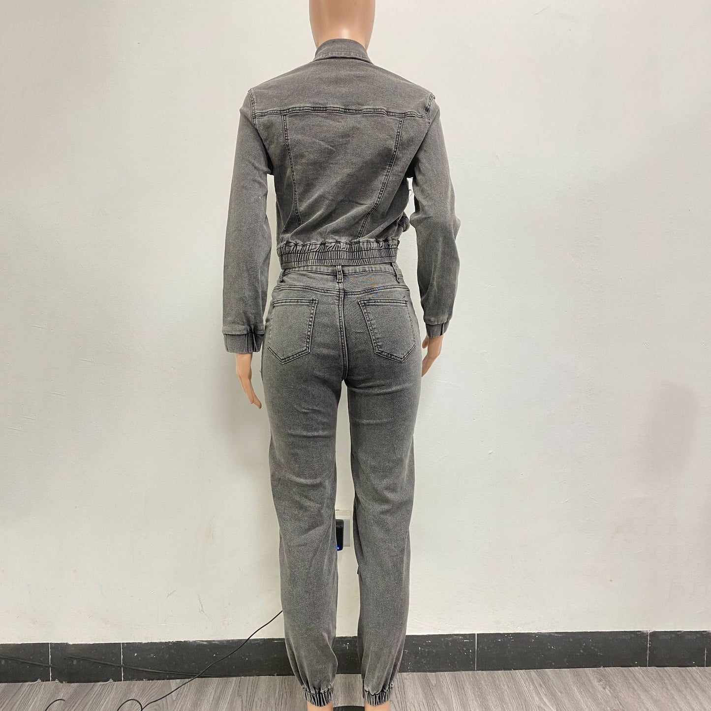 Costume décontracté en Denim délavé multi-poches pour femmes, ensemble deux pièces Sexy et très extensible