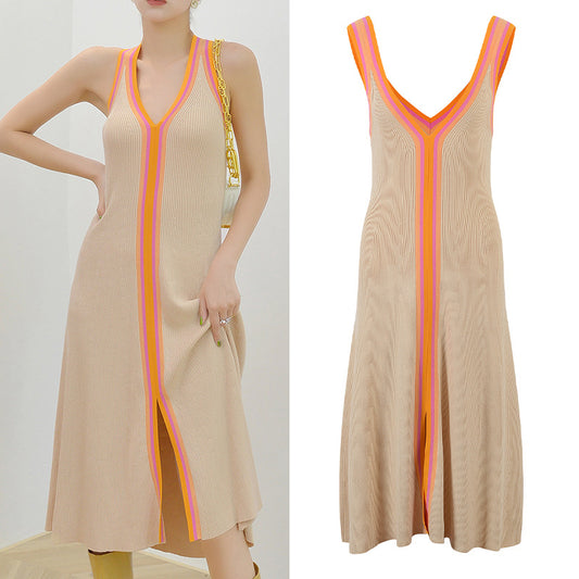 Women's Summer French Color Matching Knitted Vest Camisole Dress