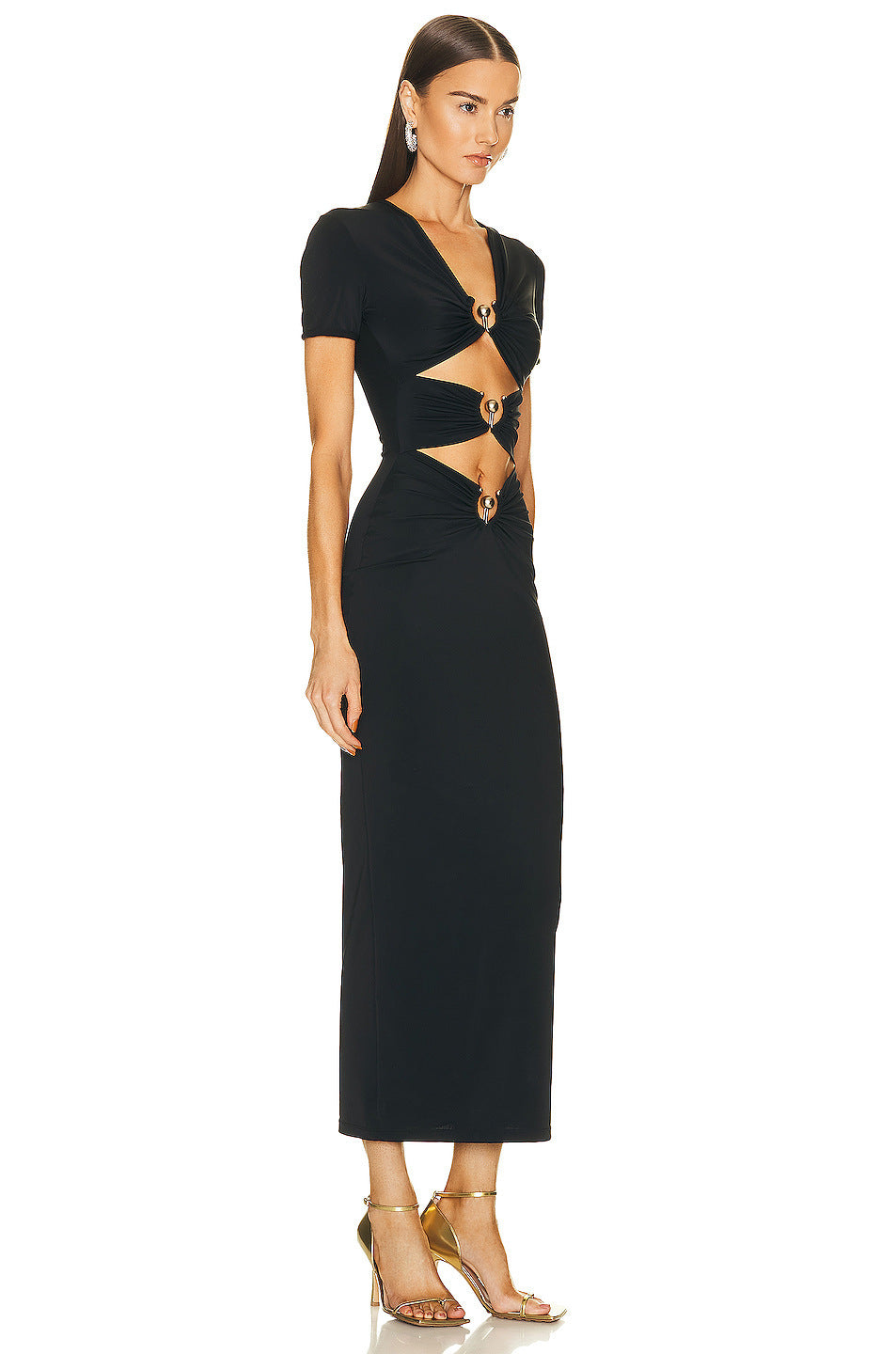 Robe longue à bandes pour femmes, accessoires en métal de haute qualité, élégante, longue, Slim, manches courtes, une pièce, été