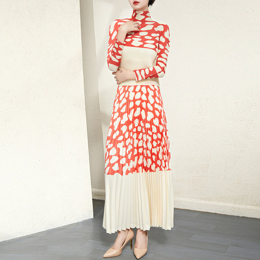 Women's Pleated Print Top And Skirt Suit