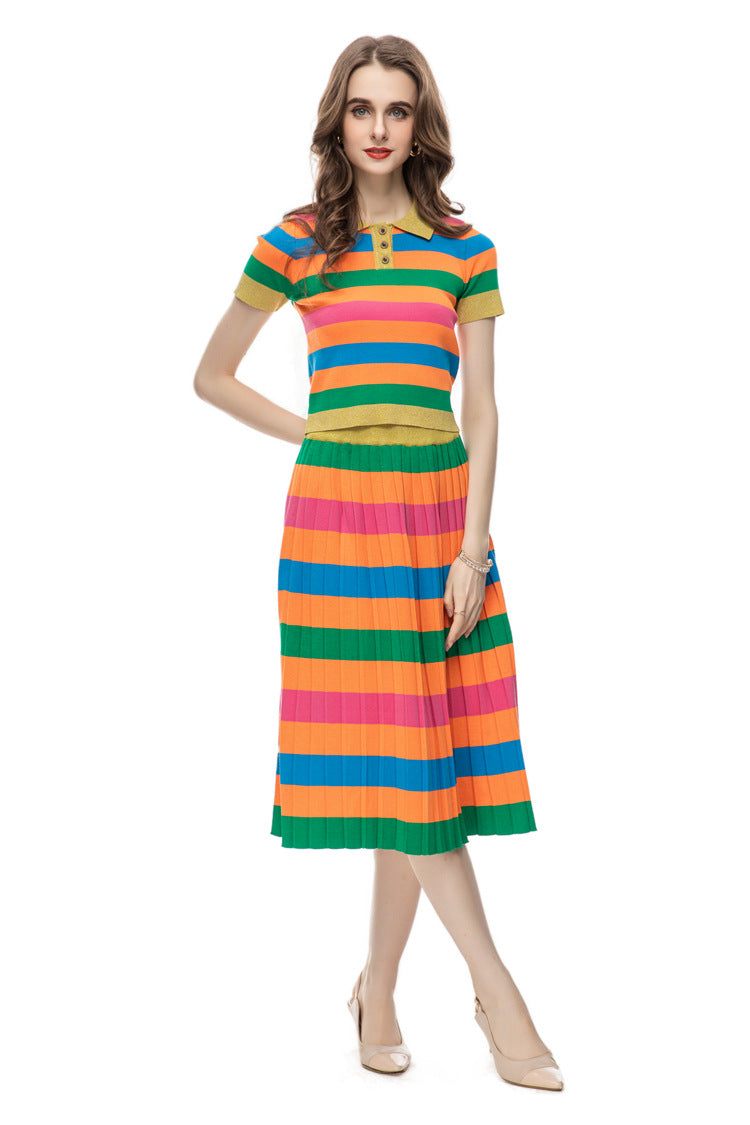 Women's Casual Fashion Printing Knitted Colorful Striped Top Mid-length Dress Set