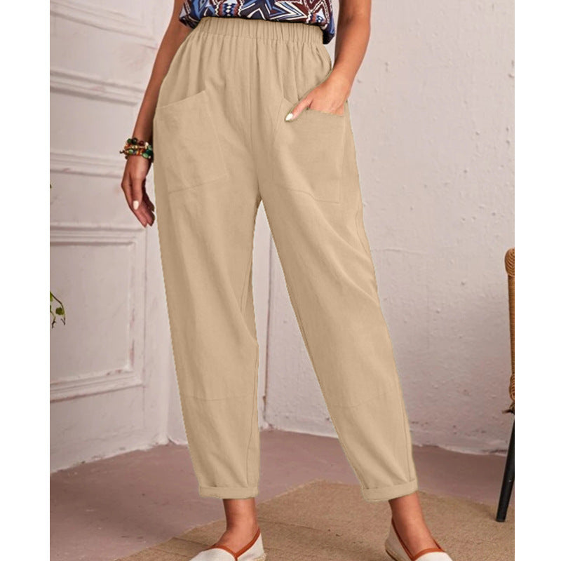 Pantalon décontracté en coton et lin à taille élastique pour femme