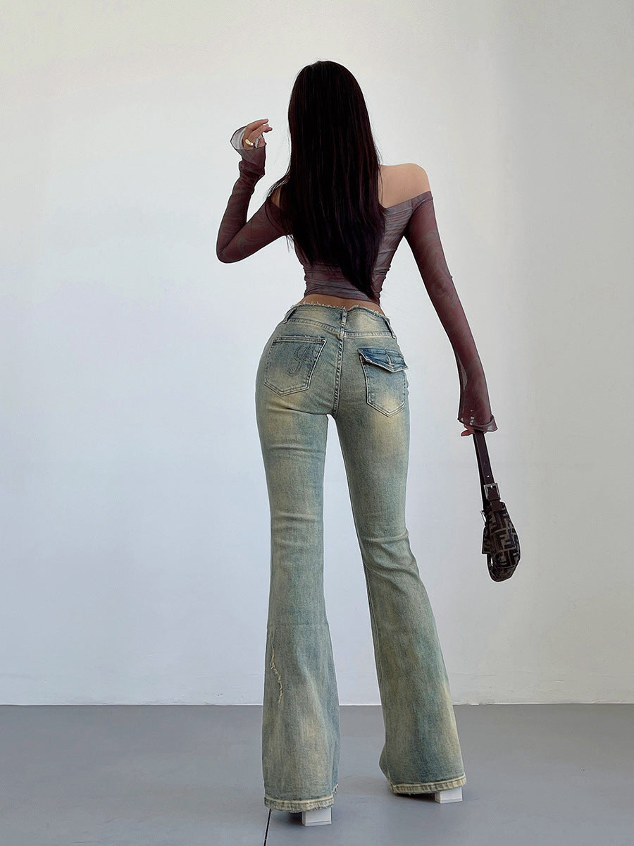 Women's American-style Rivet Wear High Waist Flared Jeans