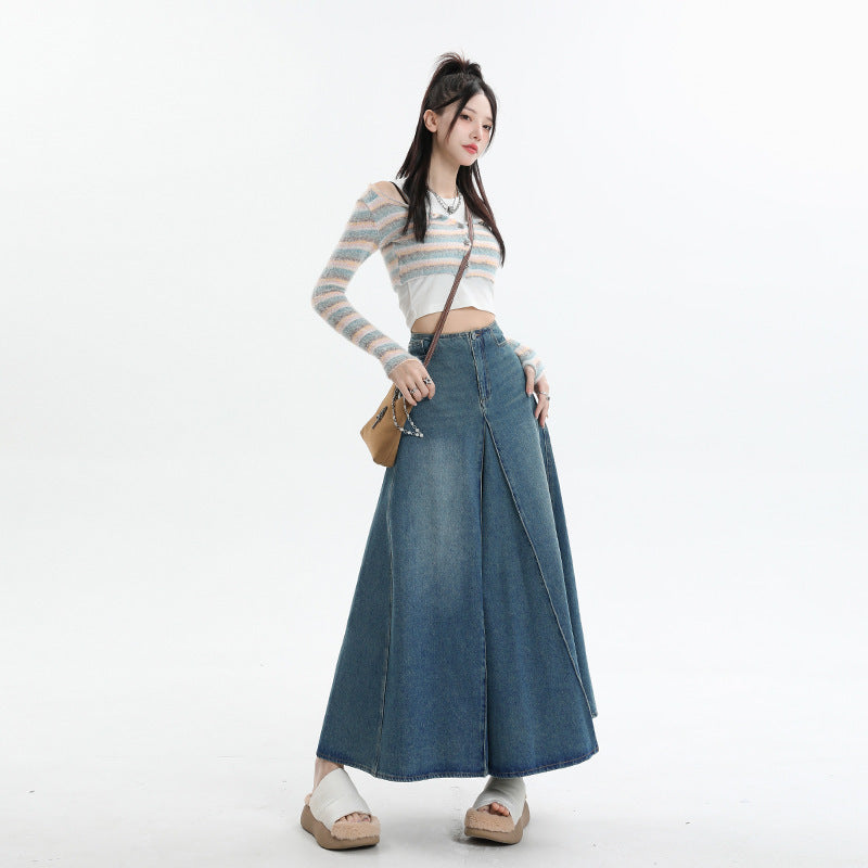 American Style Retro Big Swing Denim Spring New High Waist A- Line Slimming Mid-length Skirt