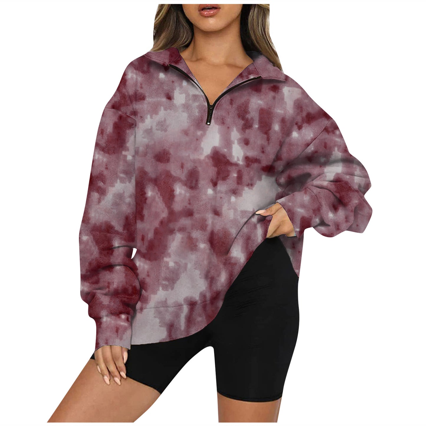 Tie Dye Printed Zippered Lapels Sweatshirt Womens Clothing Long Sleeve Loose Pocketless Top