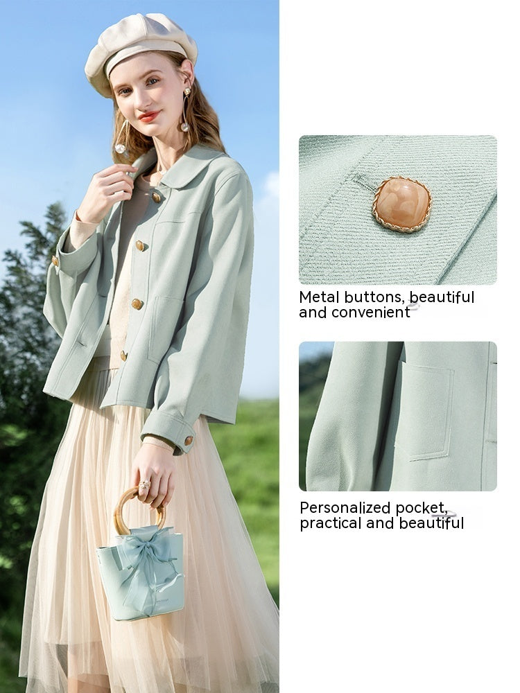 French Style Chiffon Twill Plush Doll Neck Short Jacket