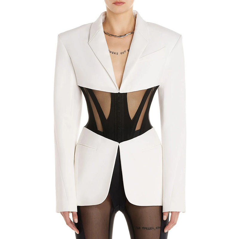 Fashion Cool Sheer Mesh Fishbone Slim Fit Patchwork Suit Jacket