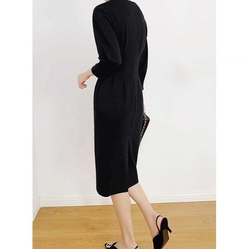 Women's Fashion Simple V-neck Puff Sleeve Waist-tight Dress