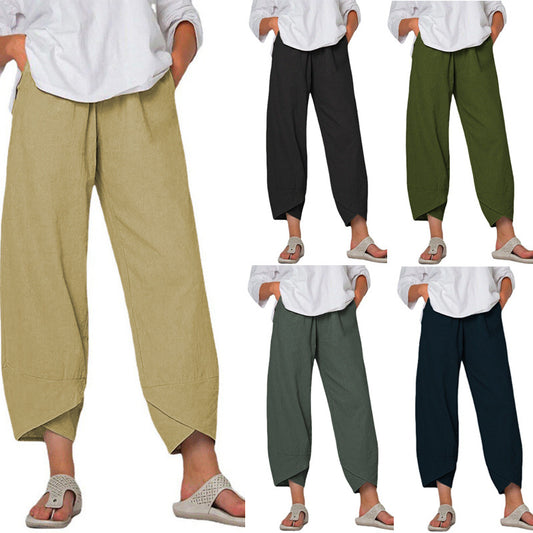 Pantalones de pierna ancha de algodón y lino Pantalones casuales sueltos de cintura alta de color sólido para mujer