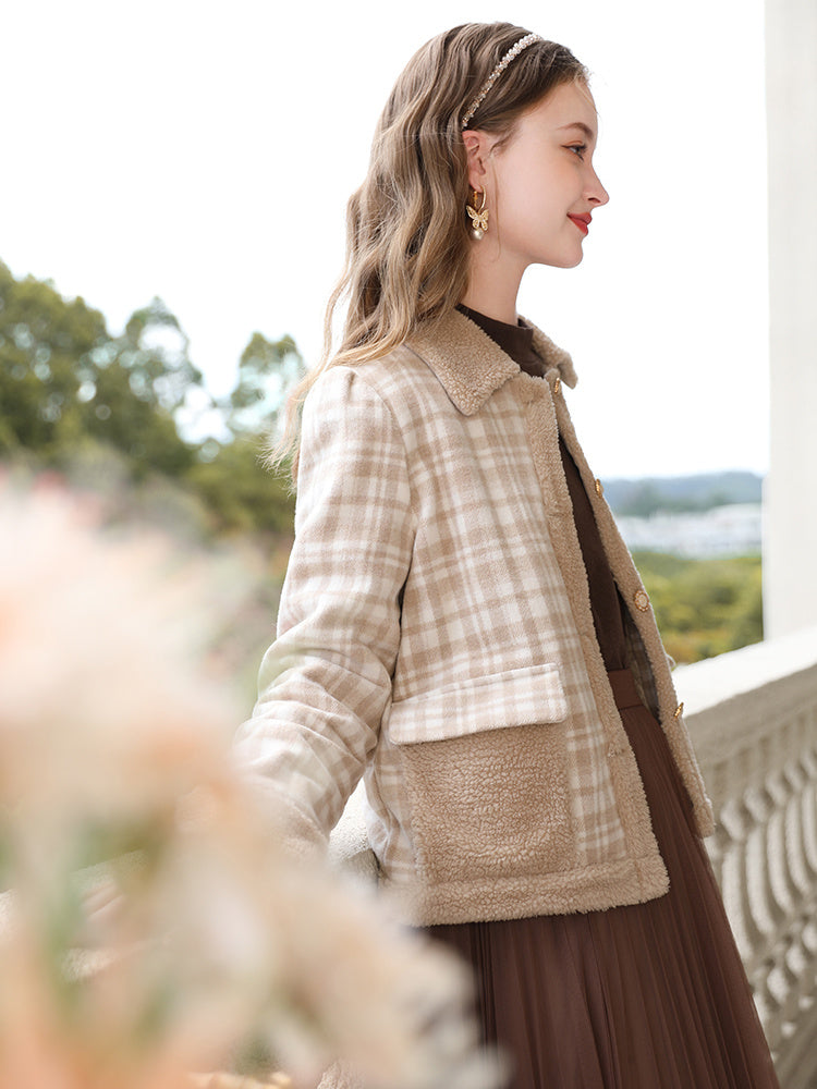 Veste en coton patchwork en cachemire d'agneau à carreaux pour femme