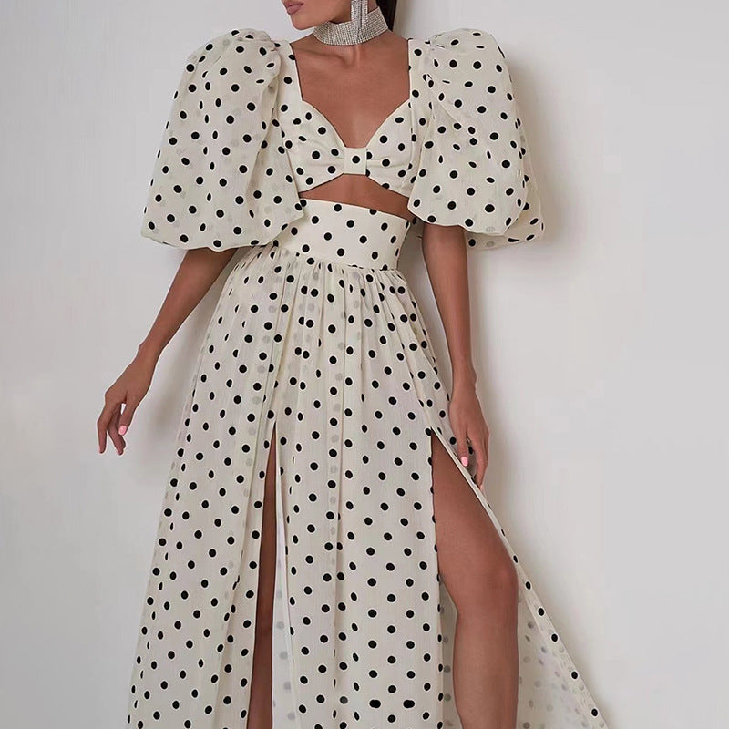 Woman Square-neck Puff Sleeve Top High Waist Slit Polka Dot Printed Dress Suit