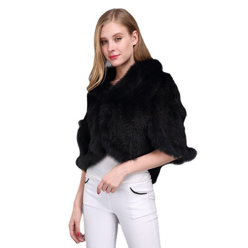 Temperament Warmth Fox Fur Collar Woven Shawl Leather