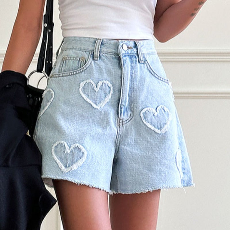 Cute Frayed Heart Pattern Light Color And Water Scrubbing High Waist Denim Shorts