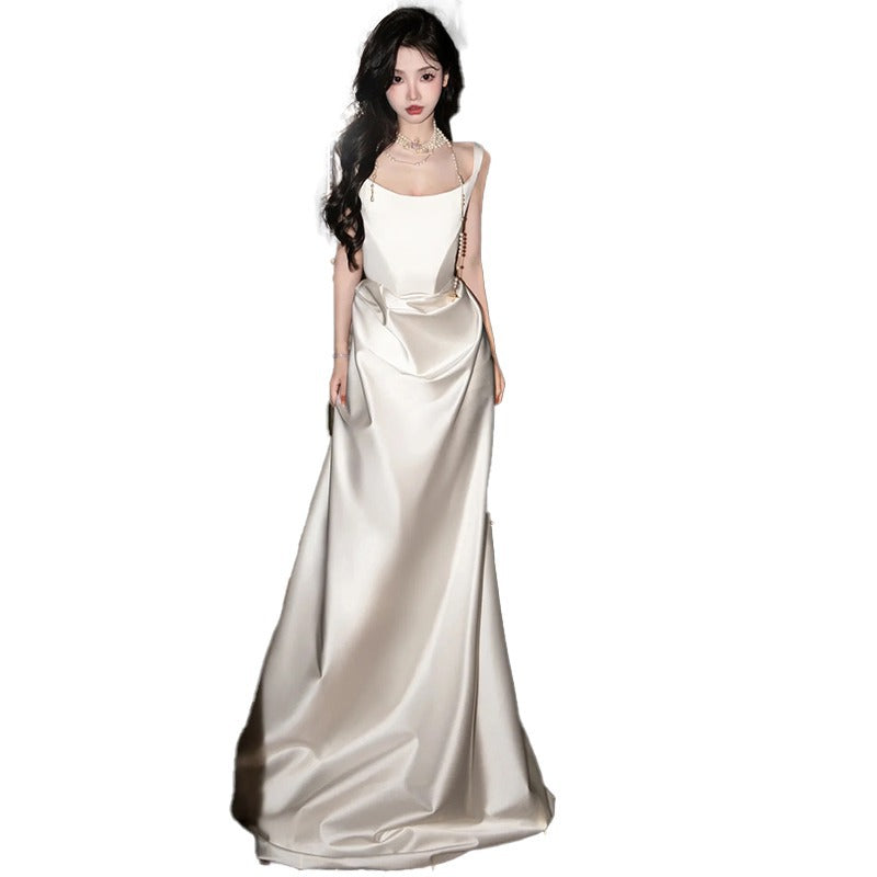 French-style Satin Sling Wedding Veil Star Evening Dress