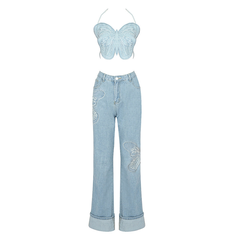 Women's Blue Denim Butterfly Halter Abdominal Wide Leg Pants Set