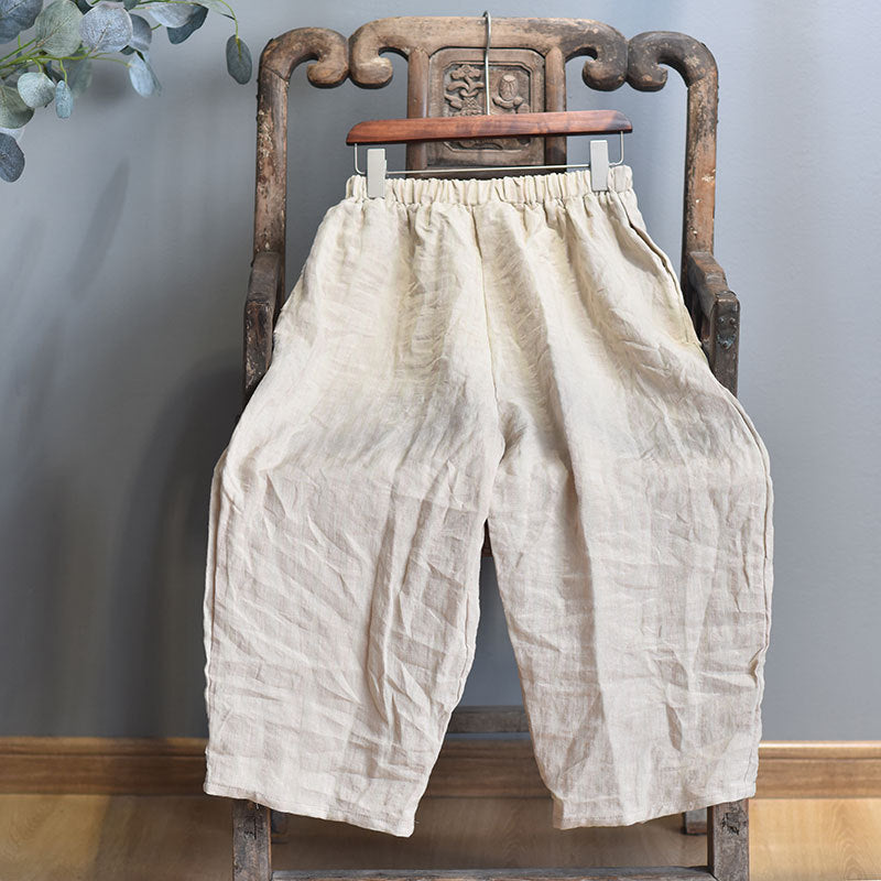 Cropped Artistic Casual Elastic Waist Loose Plus Size Linen Women's Pants