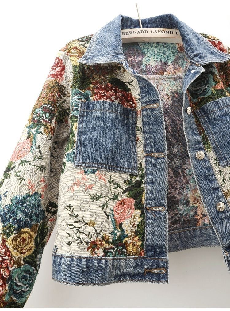 All-match Printed Patchwork Long Sleeves Lapel Denim Coat