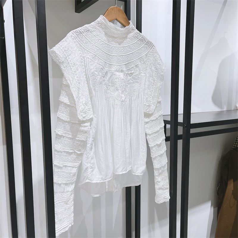 Graceful Stand Collar Lace Patchwork Ruffled Double-sided Shirt