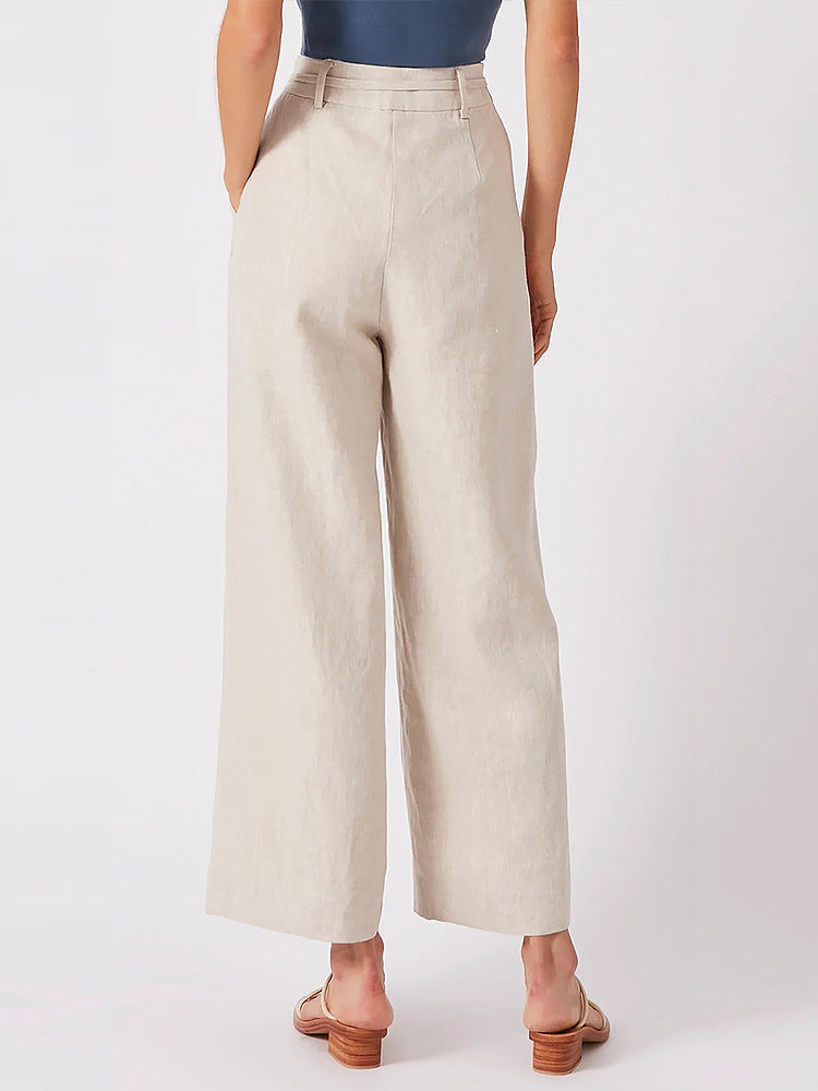 Temperament Commute High Waist Pure Linen Lace-up Cropped Pants