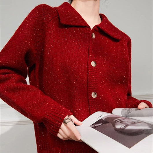 Pull ample et Simple en soie rouge brillant à revers pour femmes