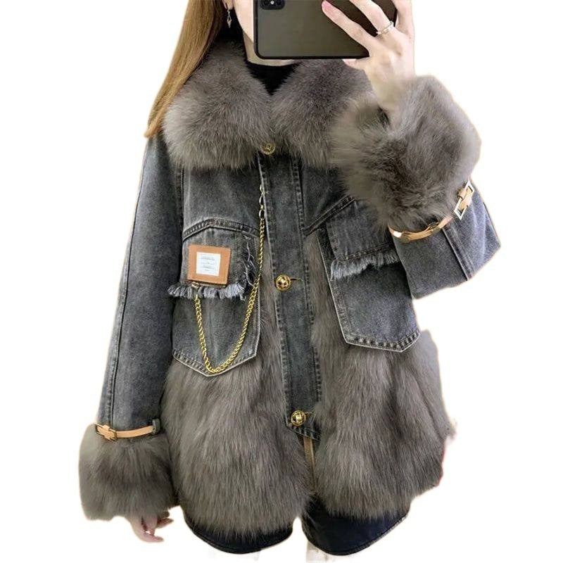 Denim Imitation Fox Fur Young Parka Women's Mid-length Fur Imitation Down