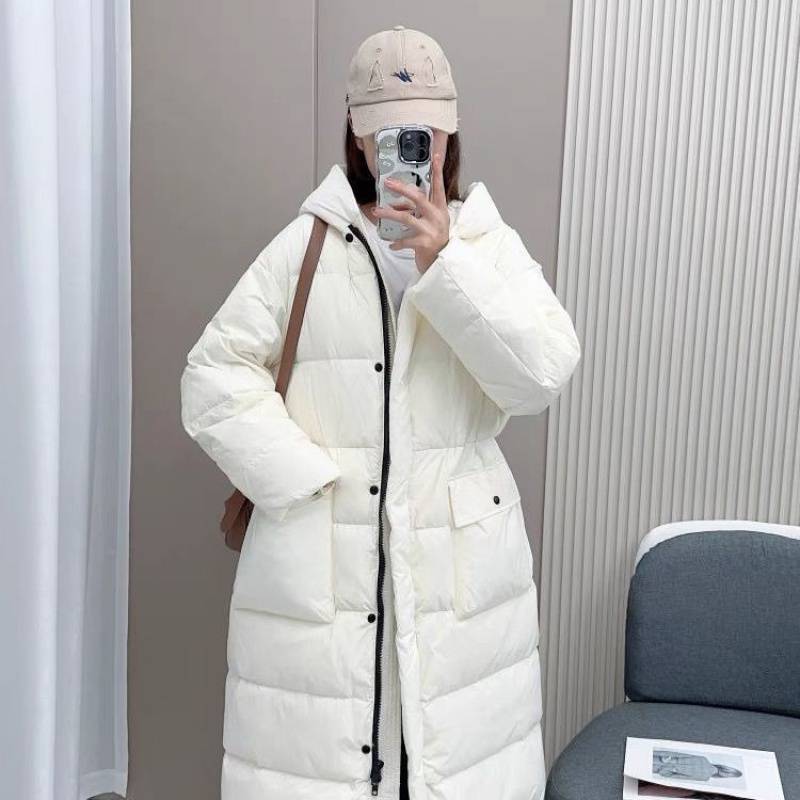 Down Jacket Women's Long Below-the-knee Length Winter Loose Hooded Thickened