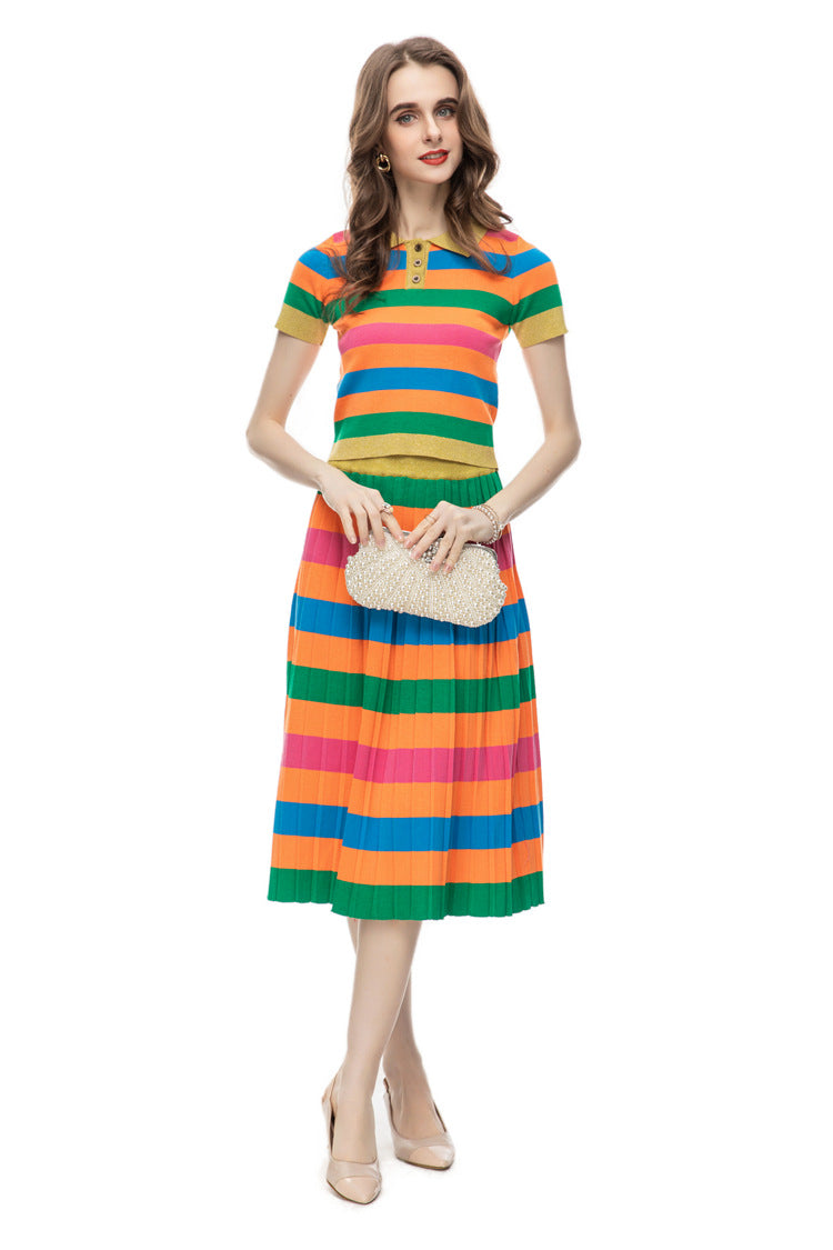 Women's Casual Fashion Printing Knitted Colorful Striped Top Mid-length Dress Set