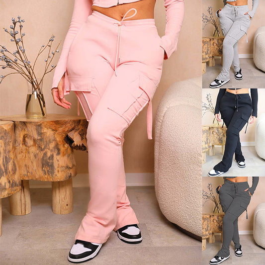 Pantalon Cargo avec poches, taille haute, cordon de serrage, jambes larges, droit, salopette pour femmes