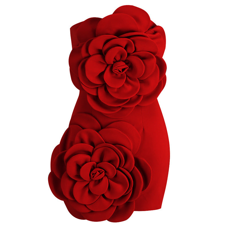 Jupe bustier tubulaire rouge de Style européen et américain, Niche de tempérament, robe à fleurs tridimensionnelle décorative haut de gamme