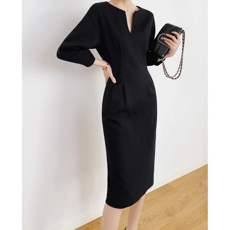 Women's Fashion Simple V-neck Puff Sleeve Waist-tight Dress