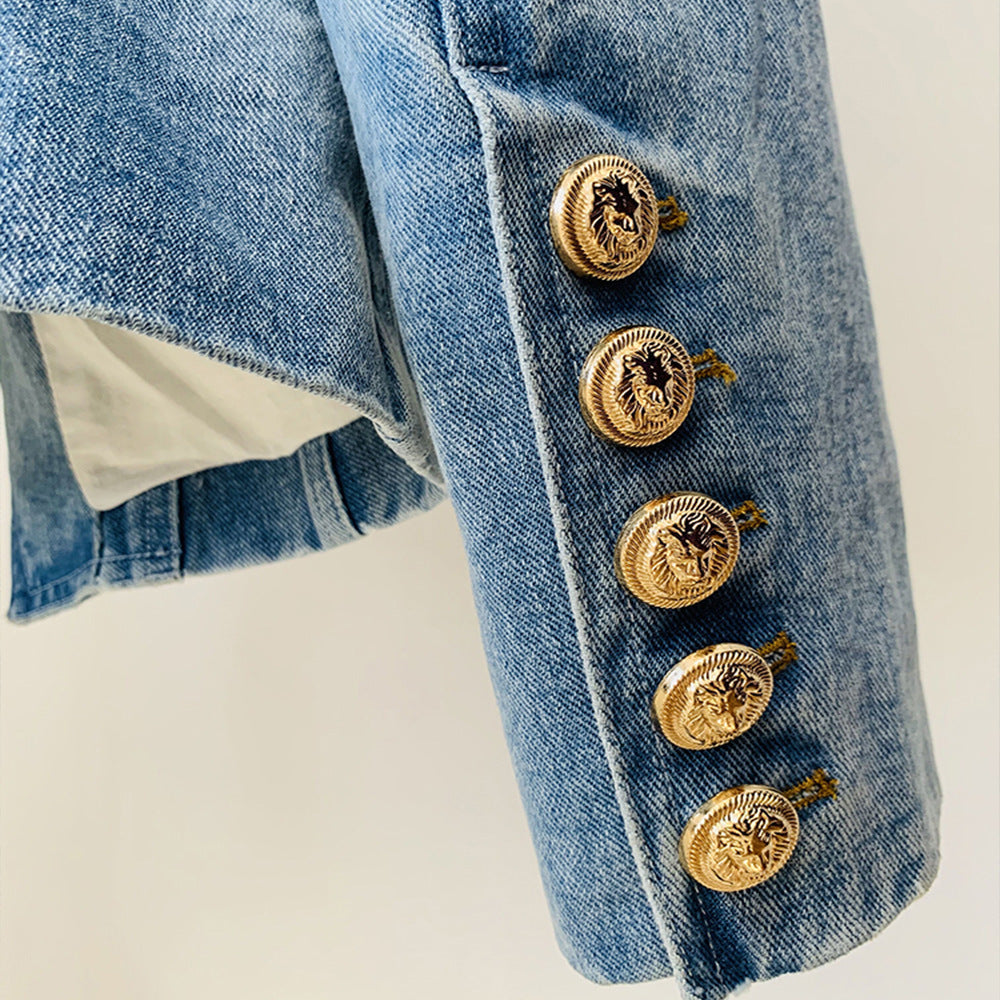 Veste de costume en jean slim à double boutonnage avec bouton lion pour femme