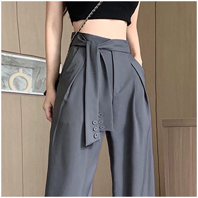 Design Gray Suit Pants For Women Lace-up Drape Wide Leg