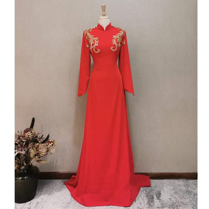 Vestido de noche de banquete para mujer de manga larga rojo