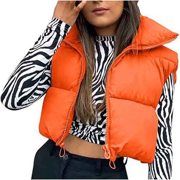 Gilet court d'hiver pour femmes, couleur unie, fermeture éclair, sans manches, veste à revers, manteau à pain à la mode