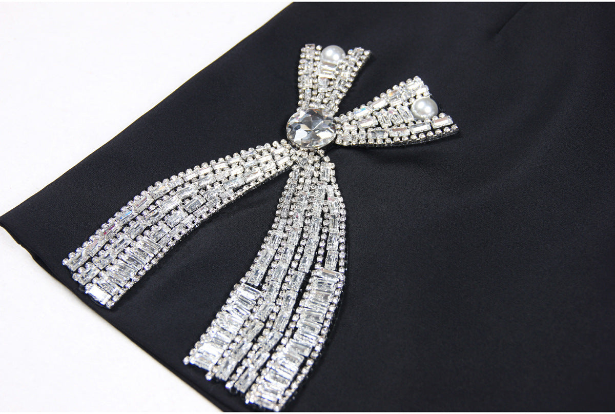 Handmade Rhinestone Suit Long Sleeve Slim Fit Temperament Commute Women's Business Suit Mid-length Dress Set