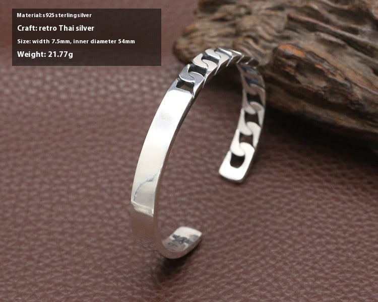 Women's S925 Sterling Silver Retro Opening Distressed Simple Bracelet