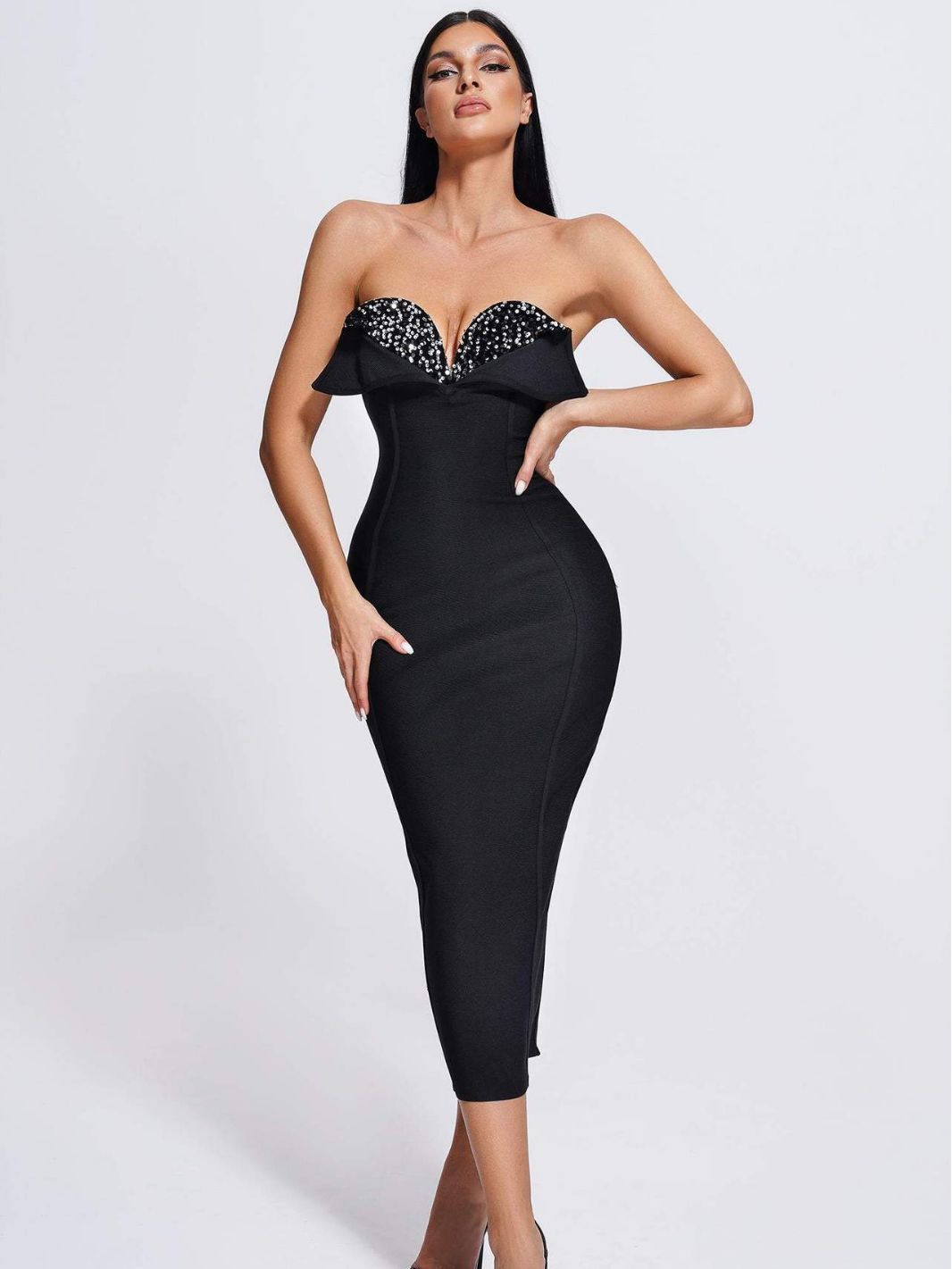 Women's Sequined Low Cut Strapless Black Bandage One-piece Dress